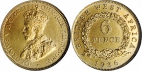 BRITISH WEST AFRICA. 6 Pence, 1936-KN. Kings Norton Mint. NGC SPECIMEN-67.
KM-11b. A radiant Superb Gem Specimen with rich brassy-golden coloration. ...