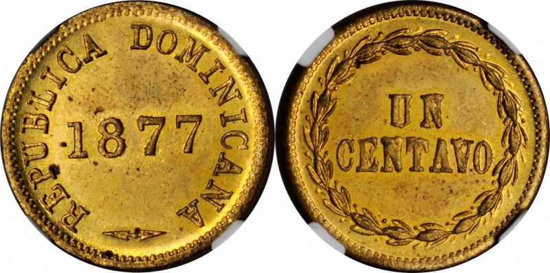 DOMINICAN REPUBLIC. Centavo, 1877. Scovill (Waterbury) Mint. NGC MS-63.
KM-3. A...