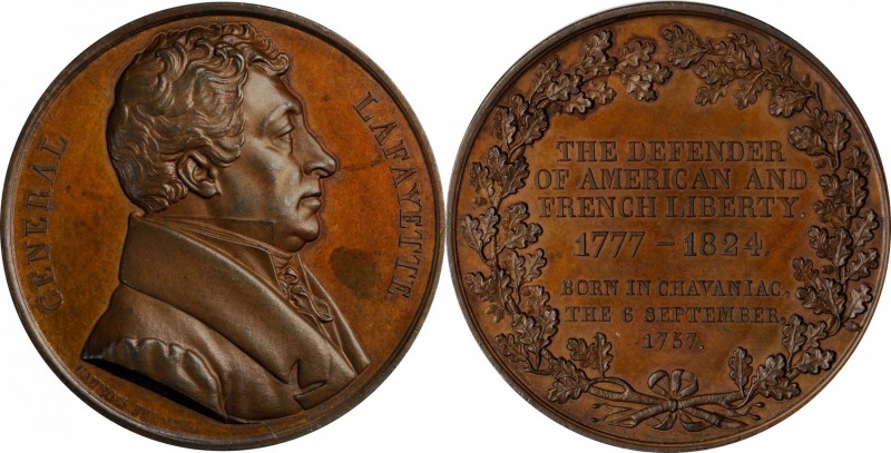 FRANCE. Lafayette Portrait Bronze Medal, 1824. MINT STATE.
46.7 mm. By Caunois....