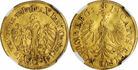 GERMANY. Nurnberg. Ducat, 1637. NGC AU-58.
3.45 gms. Fr-1829; KM-137. Date in chronogram. Although this type is not listed as rare, this is the first...