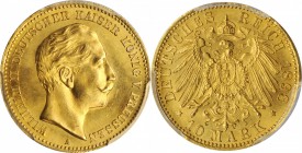 GERMANY. Prussia. 10 Mark, 1898-A. Berlin Mint. Wilhelm II. PCGS MS-65 Gold Shield.
Fr-3835; KM-520. A boldly struck little gold gem with satiny lust...