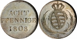 GERMANY. Saxony. Fine Silver 8 Pfennig Probe (Pattern), 1808-H. Dresden Mint. Friedrich August I. NGC MS-65.
J-7. A neat pattern with the denominatio...