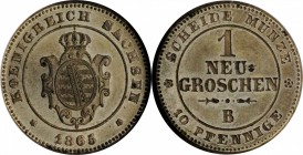 GERMANY. Saxony. Neu-Groschen (10 Pfennig), 1865-B. Dresden Mint. Johann. NGC MS-65.
KM-1219. Delicately toned with beautifully preserved surfaces.
...