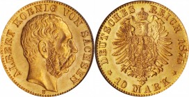 GERMANY. Saxony. 10 Mark, 1875-E. Dresden Mint. Albert. PCGS MS-65.
Fr-3843; KM-1235. An intricately defined Gem of the issue with sunset-orange toni...