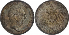 GERMANY. Saxony. 5 Mark, 1902-E. Muldenhutten Mint. PCGS MS-66.
KM-1256. Commemorating the death of King Albert, this majestic Gem offers an incredib...