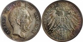 GERMANY. Saxony. 2 Mark, 1901-E. Muldenhutten Mint. NGC MS-66.
KM-1245. A gorgeous coin with rainbow-hued tones around the designs on the obverse tha...