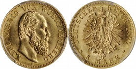 GERMANY. Wurttemberg. 5 Mark, 1877-F. Freudenstadt Mint. Karl I. PCGS MS-63 Gold Shield.
Fr-3875; KM-627. Coin is sharply struck with blazing mint lu...