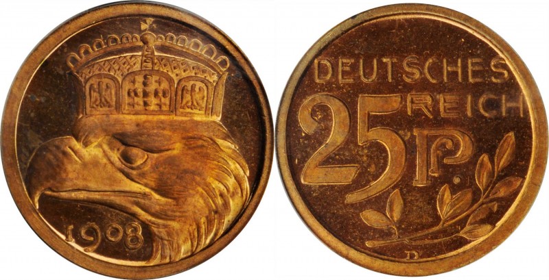 GERMANY. Empire. Copper 25 Pfennig Pattern, 1908-D. Munich Mint; By: Goetz. PCGS...