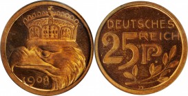 GERMANY. Empire. Copper 25 Pfennig Pattern, 1908-D. Munich Mint; By: Goetz. PCGS PROOF-65 Red.
Schaaf-18/G31. Housed in an older green label PCGS hol...