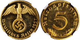 GERMANY. Third Reich. 5 Reichspfennig, 1937-A. NGC PROOF-64 Cameo.
KM-91. A flashy proof with hard mirrored fields, frosted cameo devices, and a few ...