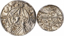 GREAT BRITAIN. Penny, ND (ca. 1023-29). London Mint; Aelfwerd, moneyer. Cnut. PCGS AU-53 Gold Shield.
S-1158; N-787. Pointed helmet type. Offering a ...