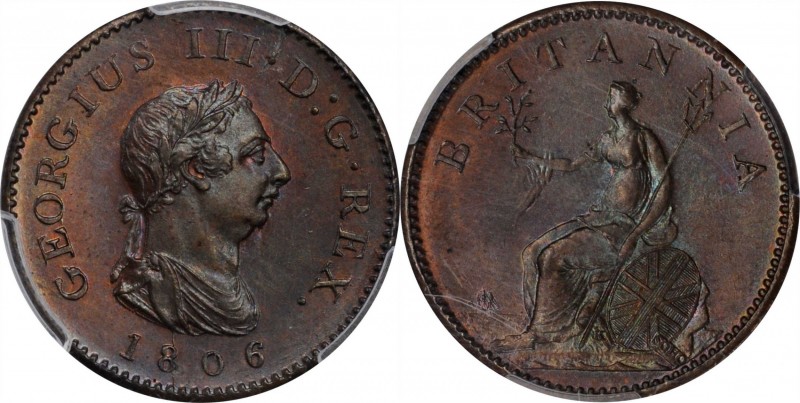 GREAT BRITAIN. Farthing, 1806. Soho (Birmingham) Mint. George III. PCGS MS-64 Br...