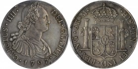 GUATEMALA. 8 Reales, 1797/6-NG M. Guatemala Mint. Charles IV. PCGS AU-53.
KM-53. A pleasing example offering steel gray toning and only light, even h...