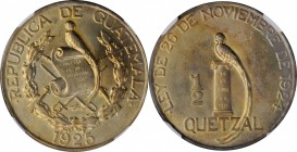 GUATEMALA. 1/2 Quetzal, 1925. Philadelphia Mint. NGC MS-62.
KM-241.1. With Noble below scroll variety. Light attractive golden tone encompasses the o...