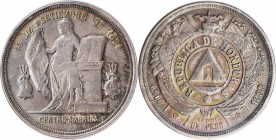 HONDURAS. Peso, 1888. PCGS EF-45 Gold Shield.
KM-52. Handsomely toned with only mild, even wear, this wholesome example features some deeper peripher...