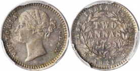 INDIA. 2 Annas, 1841-(C). Calcutta Mint. Victoria. PCGS MS-62.
KM-460.1; SW-3.62. "WW" on truncation of bust, no dot after date, nine berries on reve...