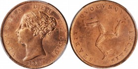 ISLE OF MAN. 1/2 Penny, 1839. Victoria. PCGS MS-63 Red Brown Gold Shield.
KM-13. An interesting strike through in the reverse field noted for accurac...
