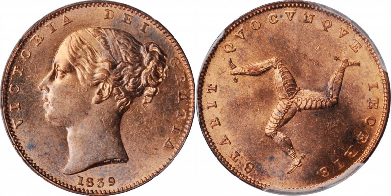 ISLE OF MAN. Farthing, 1839. Victoria. PCGS MS-63 Red Brown Gold Shield.
KM-12;...