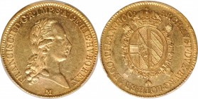 ITALY. Milan. Sovrano, 1800-M. Milan Mint. Franz II. PCGS AU-55 Gold Shield.
11.06 gms. Fr-741a; KM-241; N&V-484. Flashy and stunningly detailed, esp...