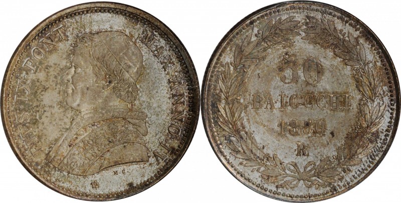 ITALY. Papal States. 50 Baiocchi, 1850-R Year IV. Rome Mint. Pius IX. NGC MS-65....