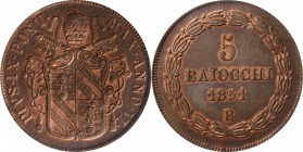 ITALY. Papal States. 5 Baiocchi, 1851-R Year VI. Rome Mint. Pius IX. PCGS MS-63 Brown Gold Shield.
KM-1356; Berman-3321; CNI-37. A premium example of...
