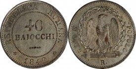 ITALY. Roman Republic. 40 Baiocchi, 1849-R. Rome Mint. PCGS AU-55 Gold Shield.
KM-27. Lightly circulated with some visible copper tinges due to its s...
