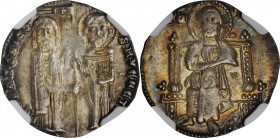 ITALY. Venice. Grosso, ND (1289-1311). Pietro Gradenigo. NGC MS-64.
2.16 gms. Paolucci-2; Mont-65. Obverse: Doge and St. Mark stands facing, holding ...