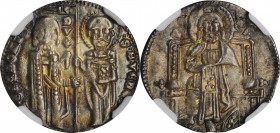 ITALY. Venice. Grosso, ND (1289-1311). Pietro Gradenigo. NGC MS-64.
2.21 gms. Paolucci-2; Mont-65. Obverse: Doge and St. Mark stands facing, holding ...