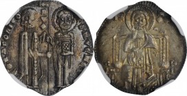 ITALY. Venice. Grosso, ND (1289-1311). Pietro Gradenigo. NGC MS-64.
2.20 gms. Paolucci-2; Mont-65. Obverse: Doge and St. Mark stands facing, holding ...