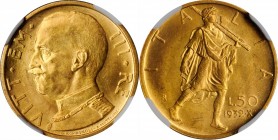ITALY. 50 Lire, 1932-R Year X. Rome Mint. NGC MS-63.
Fr-34; KM-71. A rather exquisite specimen, this choice piece offers dazzling brilliance and an e...