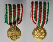 ITALY. 50th Anniversary of Victory in WW I Gold Medal, 1968. MINT STATE.
20 mm. 5.26 gms. 18K gold. Obverse with Star above a helmet superimposed on ...