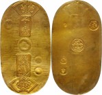 JAPAN. Tempo Koban, ND (1837-58). PCGS Genuine--Scratch, AU Details Gold Shield.
Fr-15; KM-C22b; JNDA-09-21. Weight: 11.23 gms. A boldly stamped and ...