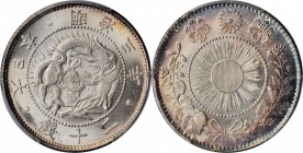 JAPAN. 20 Sen, Year 3 (1870). Mutsuhito (Meiji). PCGS MS-66 Gold Shield.
KM-Y-3; JNDA 01-20. Shallow scales variety. An entrancing plus Gem, featurin...
