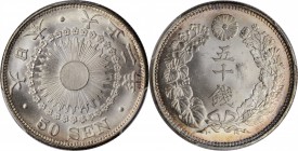 JAPAN. 50 Sen, Year 2 (1913). Taisho (Yoshihito). PCGS MS-65 Gold Shield.
KM-Y-37.2; JNDA-01-15. Scarcely encountered any finer, this brilliant Gem o...