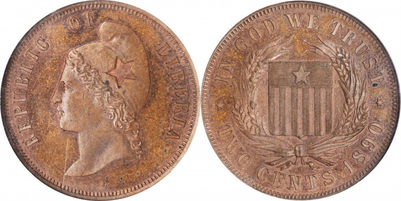 LIBERIA. Copper 2 Cents Pattern, 1890. Republic. NGC PROOF-63 Brown.
KM-Pn52. A...