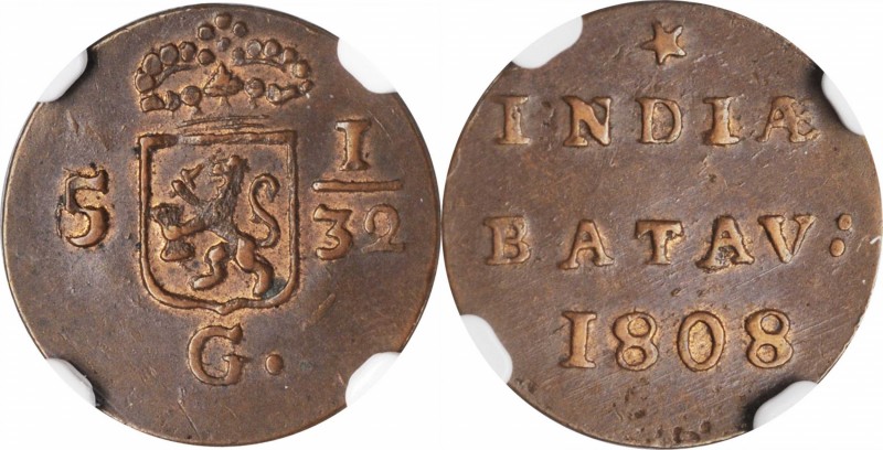 NETHERLANDS EAST INDIES. Batavian Republic. 1/2 Duit, 1808. NGC AU-58 Brown.
KM...