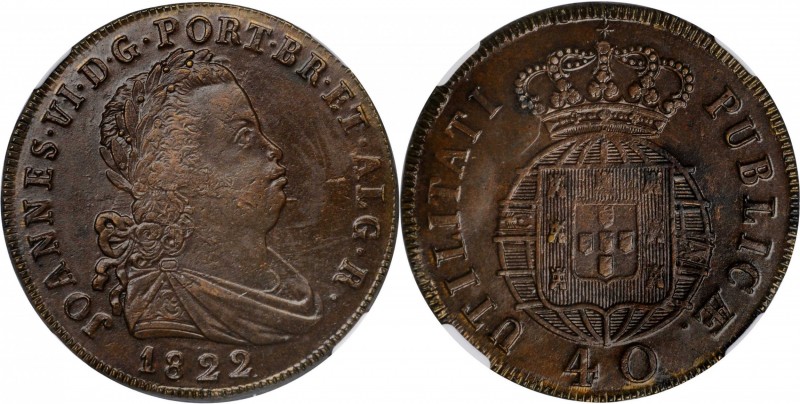 PORTUGAL. 40 Reis, 1822. Lisbon Mint. Joao VI. NGC MS-61 Brown.
KM-370. An imme...