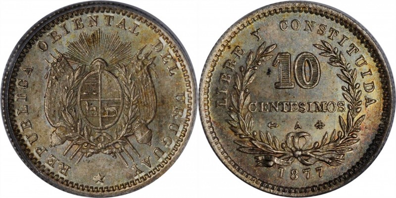 URUGUAY. 10 Centesimos, 1877-A. Paris Mint. PCGS MS-65.
KM-14. Anchor privy mar...