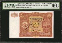 AFGHANISTAN. Ministry of Finance. 20 Afghanis, ND (1936). P-18As. Specimen. PMG Gem Uncirculated 66 EPQ.
Block Z. Printed by OFZ. Specimen perforated...
