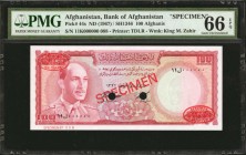 AFGHANISTAN. Bank of Afghanistan. 100 Afghanis, ND (1967). P-44s. Specimen. PMG Gem Uncirculated 66 EPQ.
Printed by TDLR. Watermark of King M. Zahir....