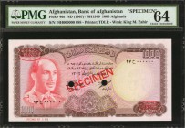 AFGHANISTAN. Bank of Afghanistan. 1000 Afghanis, ND (1967). P-46s. Specimen. PMG Choice Uncirculated 64.
A nearly Gem Specimen of a 1000 Afghanis not...