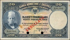 ALBANIA. Banca Nazionale D'Albania. 20 Oro, ND (1926). P-3sp. Specimen. Very Fine.
Hole punches through signatures. Red specimen overprint. Seen with...