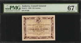 ANDORRA. Consell General. 50 Centimes, 1936. P-5. PMG Superb Gem Uncirculated 67 EPQ.
A very rare high grade of SGU 67Q is seen on this 50 Centimes n...