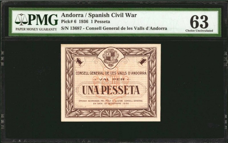 ANDORRA. Spanish Civil War. 1 Pesseta, 1936. P-6. PMG Choice Uncirculated 63.
A...