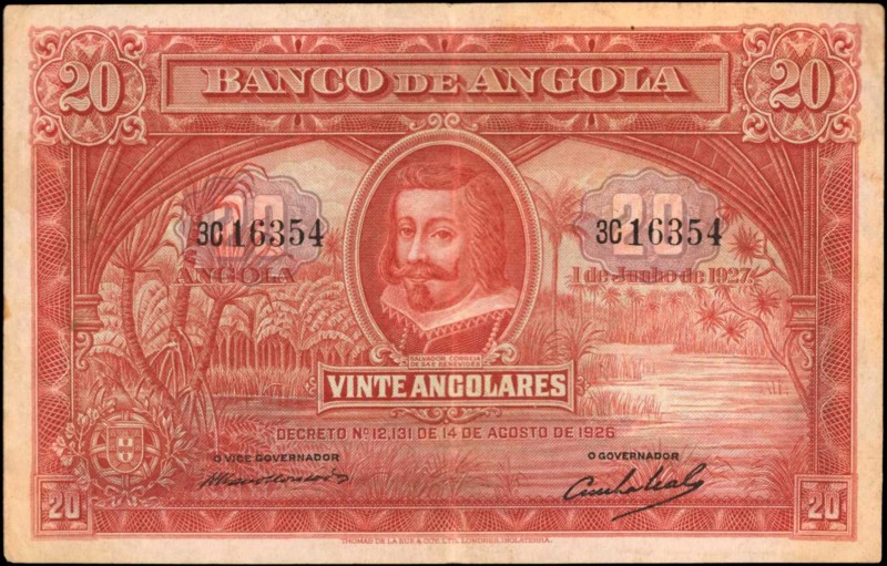 ANGOLA. Banco de Angola. 20 Angolares, 1926. P-72. Very Fine.
A pleasing mid-gr...