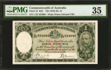 AUSTRALIA. Commonwealth of Australia. 1 Pound, ND (1933-38). P-22. PMG Choice Very Fine 35.
Watermark of Prince Edward VIII at left. Seen in a pleasi...