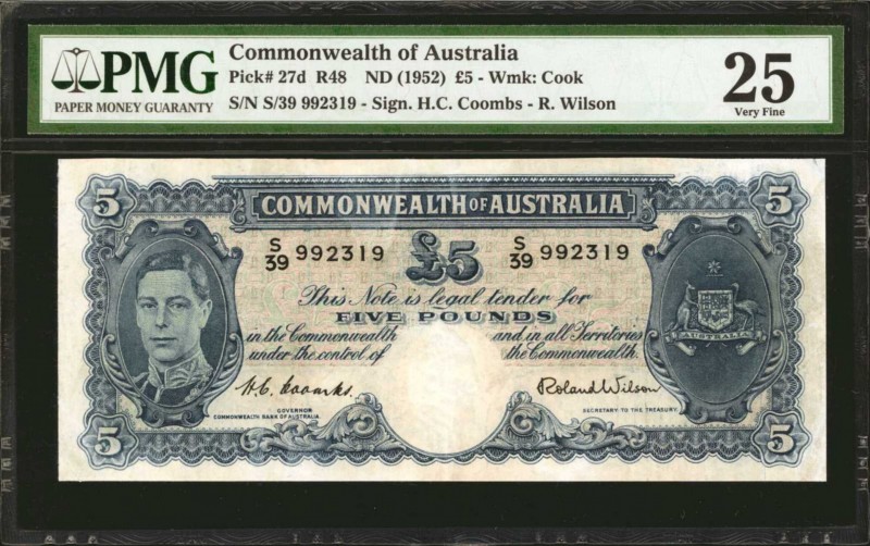 AUSTRALIA. Commonwealth of Australia. 5 Pounds, ND (1952). P-27d. PMG Very Fine ...