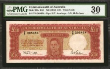 AUSTRALIA. Commonwealth of Australia. 10 Pounds, ND (1942). P-28b. PMG Very Fine 30.
Watermark of Cook at right. Signature combo of H.T. Armitage and...