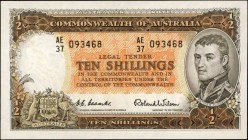 AUSTRALIA. Commonwealth of Australia. 10 Shillings, 1954-60. P-29. Uncirculated.
Matthew Flinders seen at right. Dark orange ink seen at center, surr...