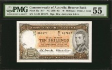 AUSTRALIA. Commonwealth of Australia. 10 Shillings, ND (1961-65). P-33a. PMG About Uncirculated 55.
Watermark of Cook at left. Vignette of Matthew Fl...